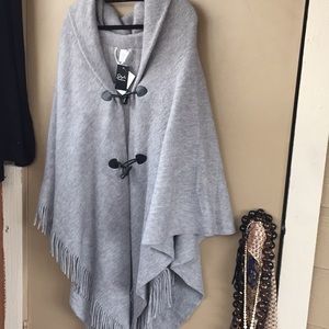 Fringed Poncho Cape, Plus One Size, Gray withBlack